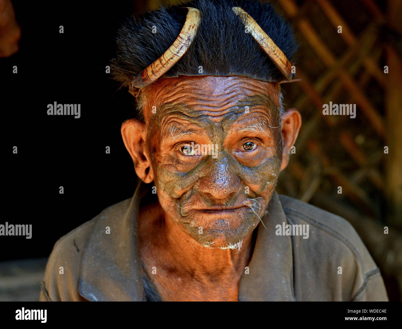 Indien à la retraite guerrier Naga Konyak et ex-chasseur de tête avec un tatouage facial tribal distinctif et chapeau de fourrure traditionnel pose pour la caméra. Banque D'Images