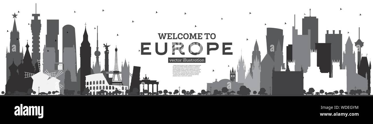 Bienvenue à l'Europe Skyline Silhouette aux bâtiments noir isolé sur blanc. Vector Illustration. Concept du tourisme avec l'architecture historique. L'Europe. Illustration de Vecteur