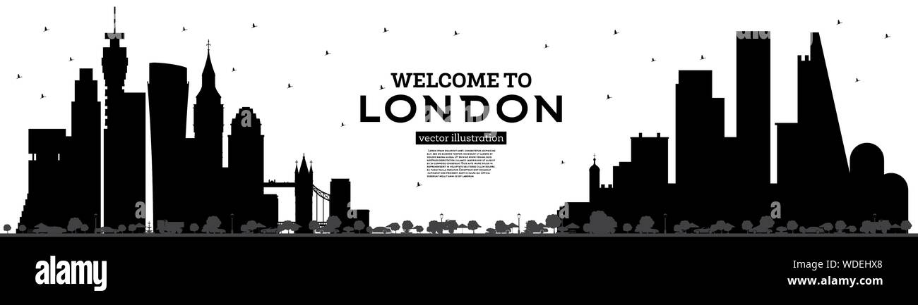 Bienvenue à Londres Angleterre Skyline Silhouette aux bâtiments noir isolé sur blanc. Vector Illustration. Les voyages d'affaires et tourisme Concept. Illustration de Vecteur