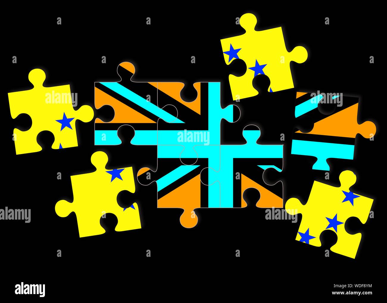 Concept Brexit, drapeaux de UK le Royaume-Uni et l'UE l'Union européenne comme dispersés jigsaw puzzle pieces Banque D'Images