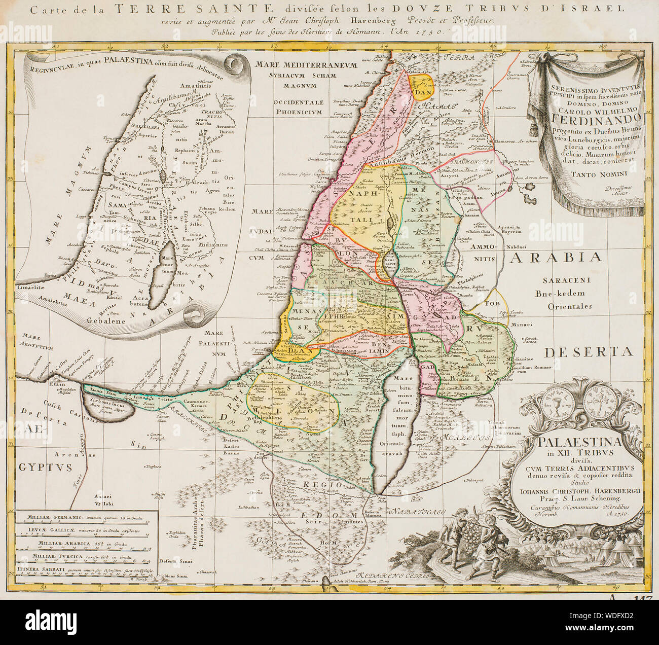 Canaan, ou en Palestine, tel qu'il était divisé entre les douze tribus d'Israël. Après une carte publiée en 1750. Banque D'Images