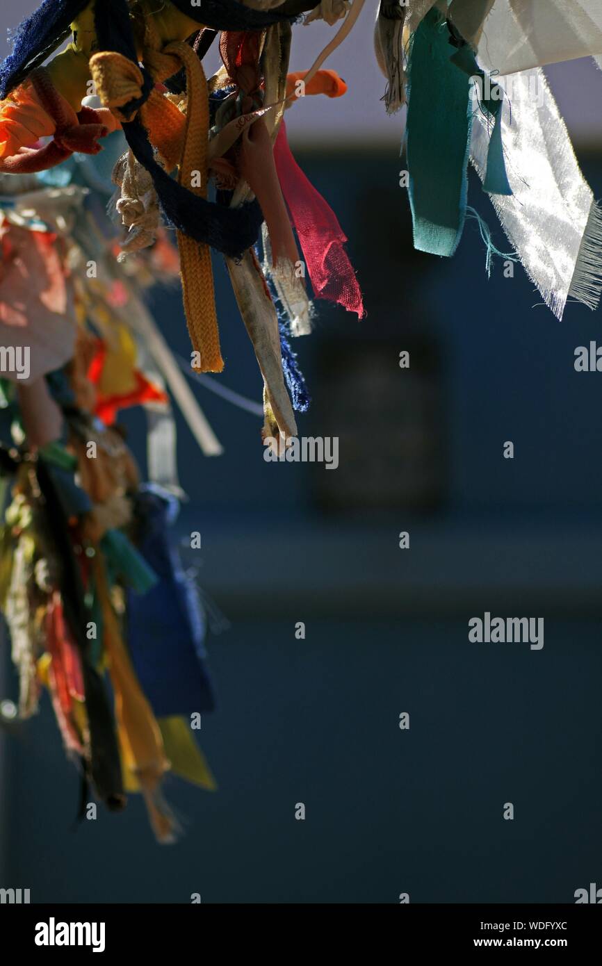 Attaché des rubans colorés sur l'arbre des désirs Banque D'Images