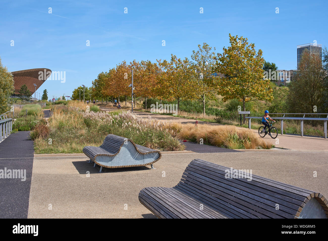 Piste cyclable et bancs près du vélodrome dans le parc Queen Elizabeth Olympic Park, Stratford, East London UK Banque D'Images