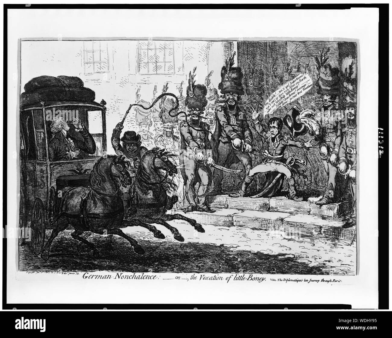 L'allemand-nonchalence-ou-, de la vexation de Little-Boney Résumé : Caricature montrant Comte Starhemberg équitation passé Napoléon, reniflant de tabac à priser, à défaut de payer ses respects à lui. Banque D'Images