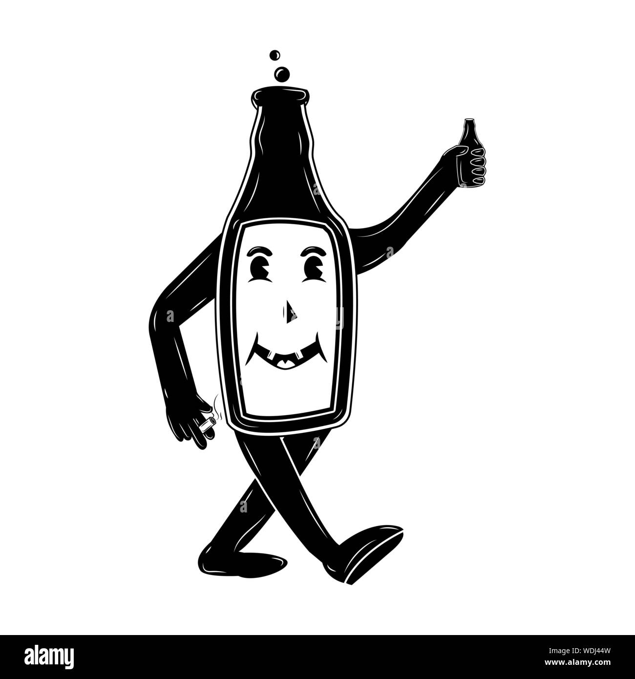 Une bouteille de bière La bière tient dans une main et une cigarette dans l'autre qui fume, heureux ivrogne personnage dans un style rétro, vector illustr Illustration de Vecteur