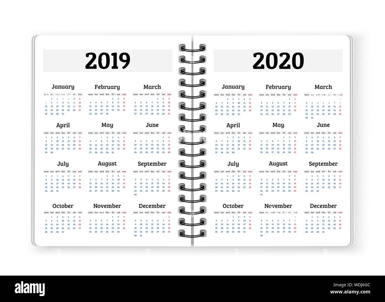 Ordinateur portable ouvert le papier avec des calendriers pour 2019, 2020 ans vector background Illustration de Vecteur
