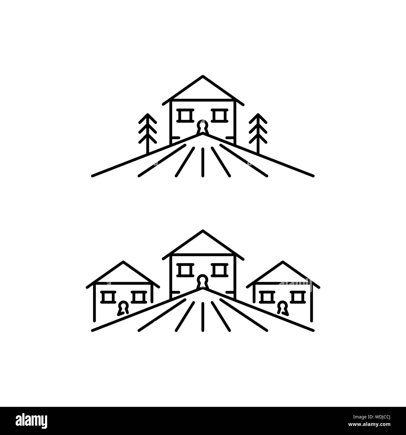 Maisons dans les montagnes icons set dans les grandes lignes, les bâtiments de style Cottages dans la gamme de montagne vector illustration isolé sur fond blanc Illustration de Vecteur