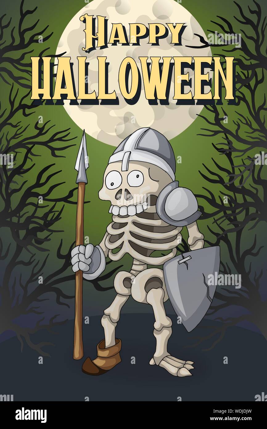 Happy Halloween carte postale modèle. Personnage guerrier squelette humain Illustration de Vecteur