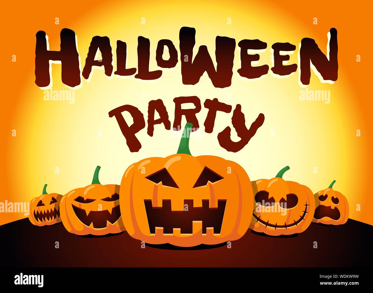 Citrouilles joyeuses fêtes d'Halloween au clair de lune. Jack O Lantern Party on Night fond jaune flou et inscription carte de vœux modèle de conception. Illustration d'invitation effrayante de dessin animé vectoriel Illustration de Vecteur