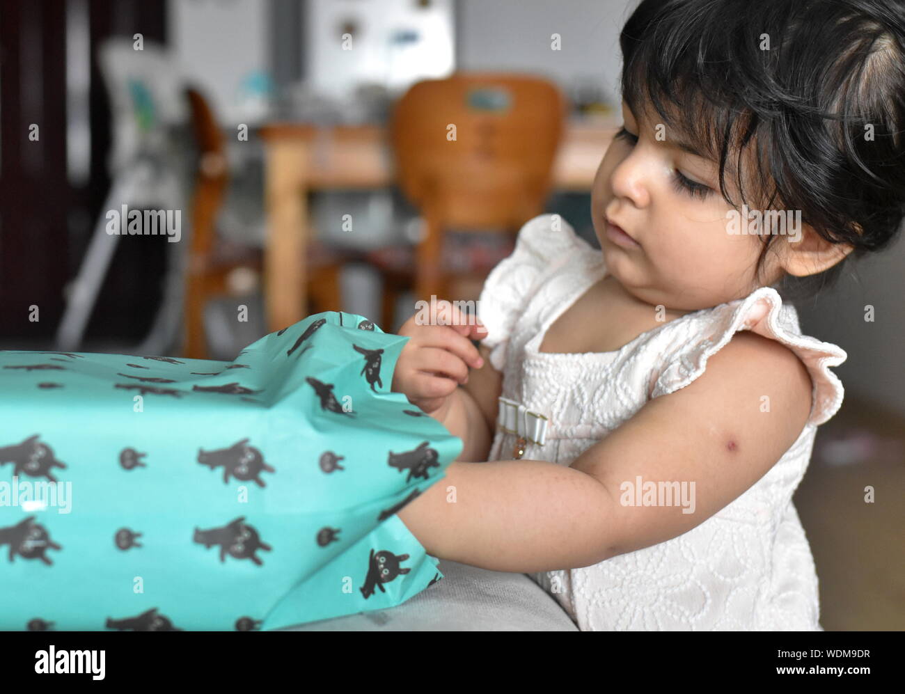 Curieux cute baby girl unwrapping birthday present Banque D'Images