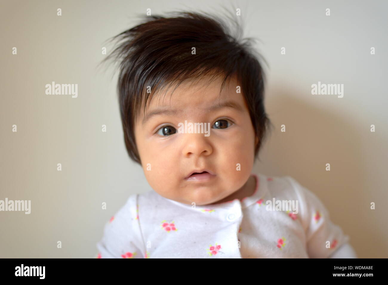 Mignon bébé de six mois girl with long hair examine l'appareil photo Banque D'Images