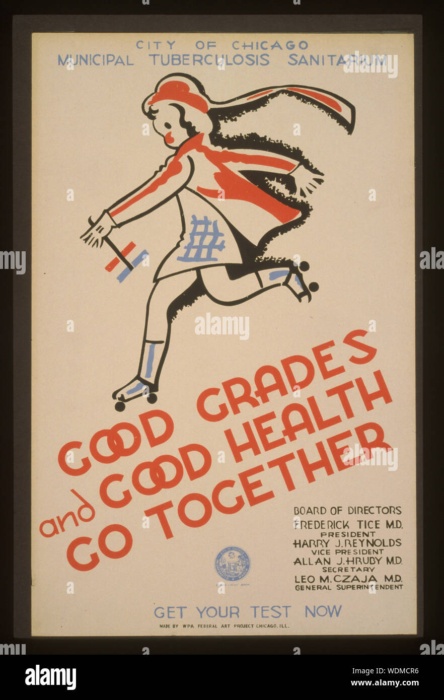 De bonnes notes et une bonne santé vont ensemble Résumé : ville de Chicago la tuberculose Municipal Sanitarium affiche annonçant le dépistage de la tuberculose et que de bonnes notes et de bonne santé complètent l'un l'autre, montrant une fille de roller. Banque D'Images