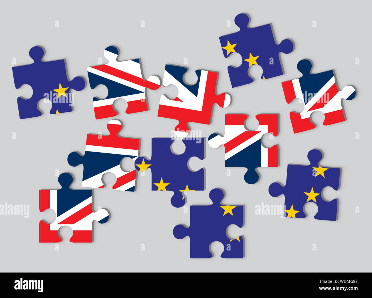 Concept Brexit, drapeaux de UK le Royaume-Uni et l'UE l'Union européenne comme dispersés jigsaw puzzle pieces Banque D'Images