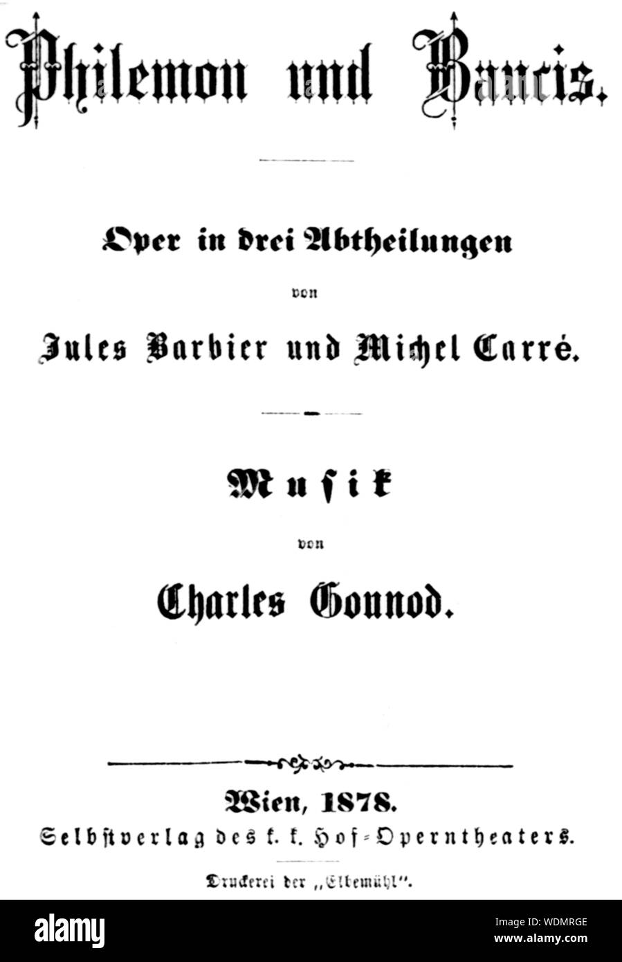 Gounod - Philémon et Baucis - page titre de la Loi sur trois livret allemand, Vienne 1878 Banque D'Images