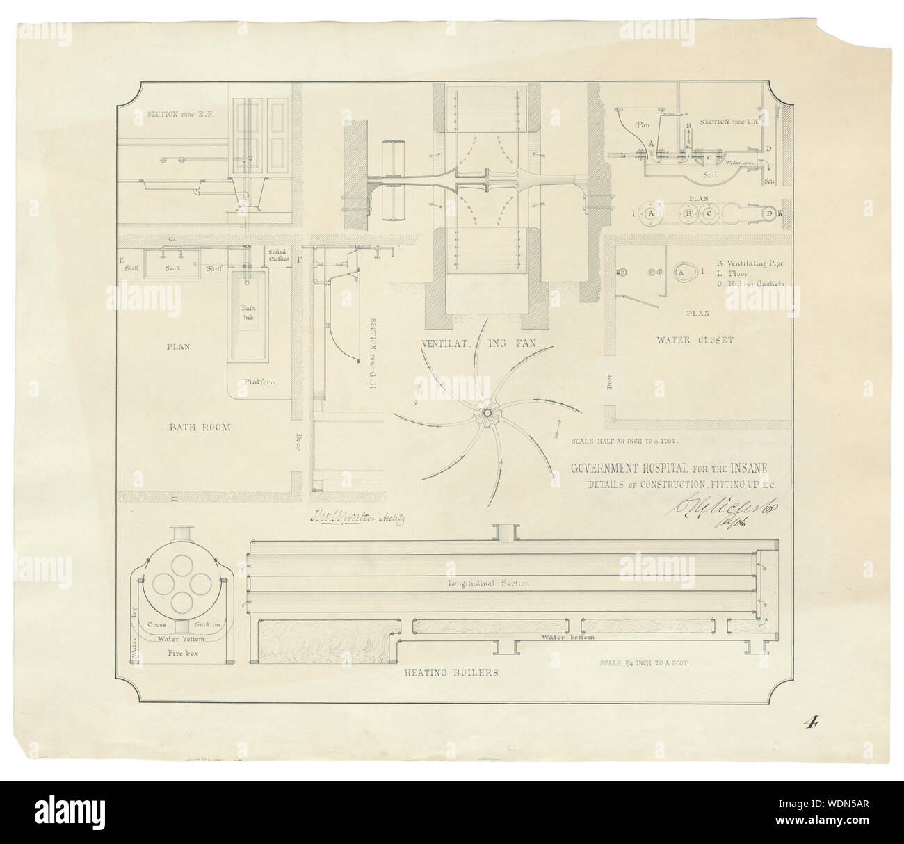 Gouvernement hôpital des aliénés (Saint), l'hôpital Magazinez Washington, D.C. chaufferie. Chaudières de chauffage, de ventilation, ventilateur, salle de bains, et wc. Plans, élévations et sections] / Tho. U. Walter Archt Abstract/moyenne : 1 dessin : Encre sur papier 52,9 x 62,8 cm. Banque D'Images