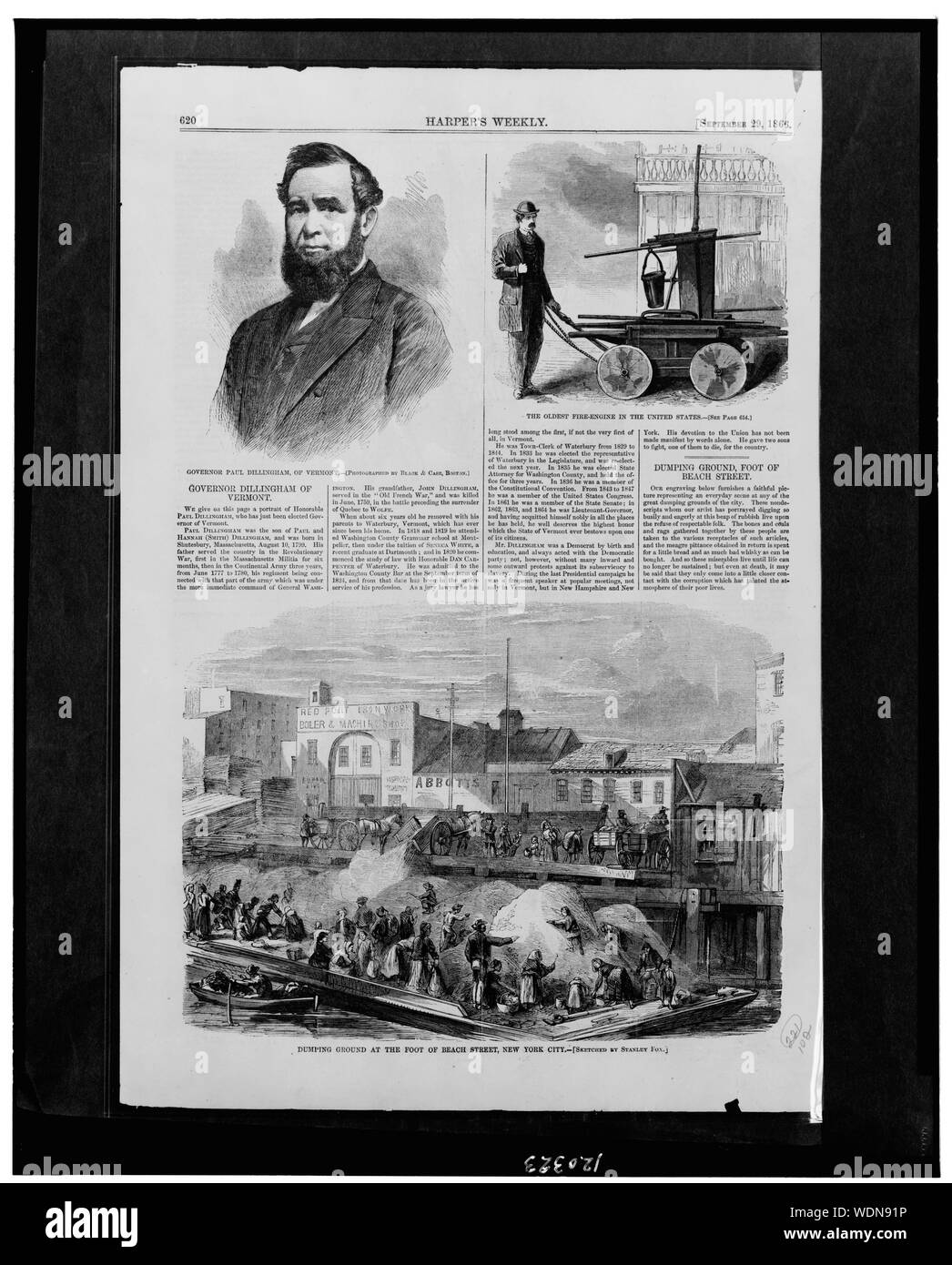 Dillingham, gouverneur du Vermont / photographié par Black & Case, Boston. La plus ancienne des pompiers dans l'United States dépotoir au pied de Beach Street, New York City / dessiné par Stanley Fox. Abstract/moyenne : 3 copies (1 page) : la gravure sur bois, avec texte. Banque D'Images