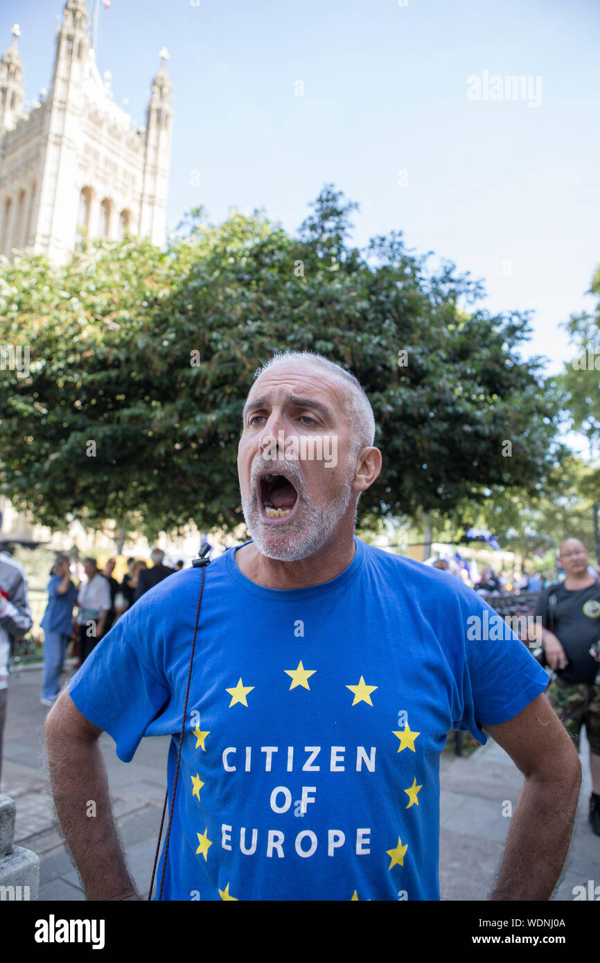 Westminster, London, UK. 29 août 2019. Manifestant Pro-Europe confronte Mark Francois MP (hors caméra) au Collège Green. Pro-Europe partisans manifester contre Boris Johnson a décidé de suspendre le Parlement pendant plus de quatre semaines entre septembre et octobre. Banque D'Images