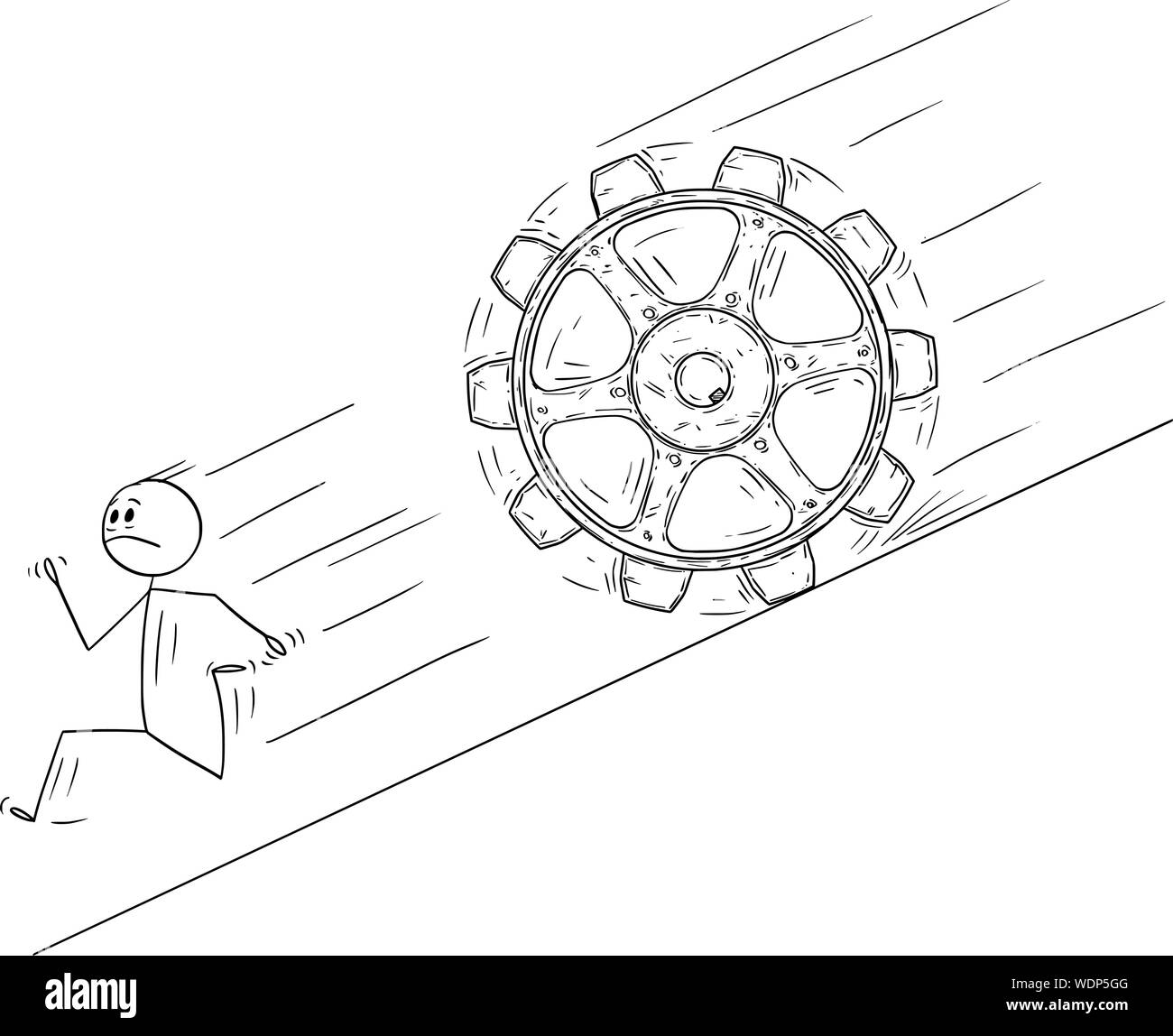 Vector cartoon stick figure dessin illustration conceptuelle de l'homme ou homme en fuite en aval de grande roue dentée de matériel roulant. Illustration de Vecteur
