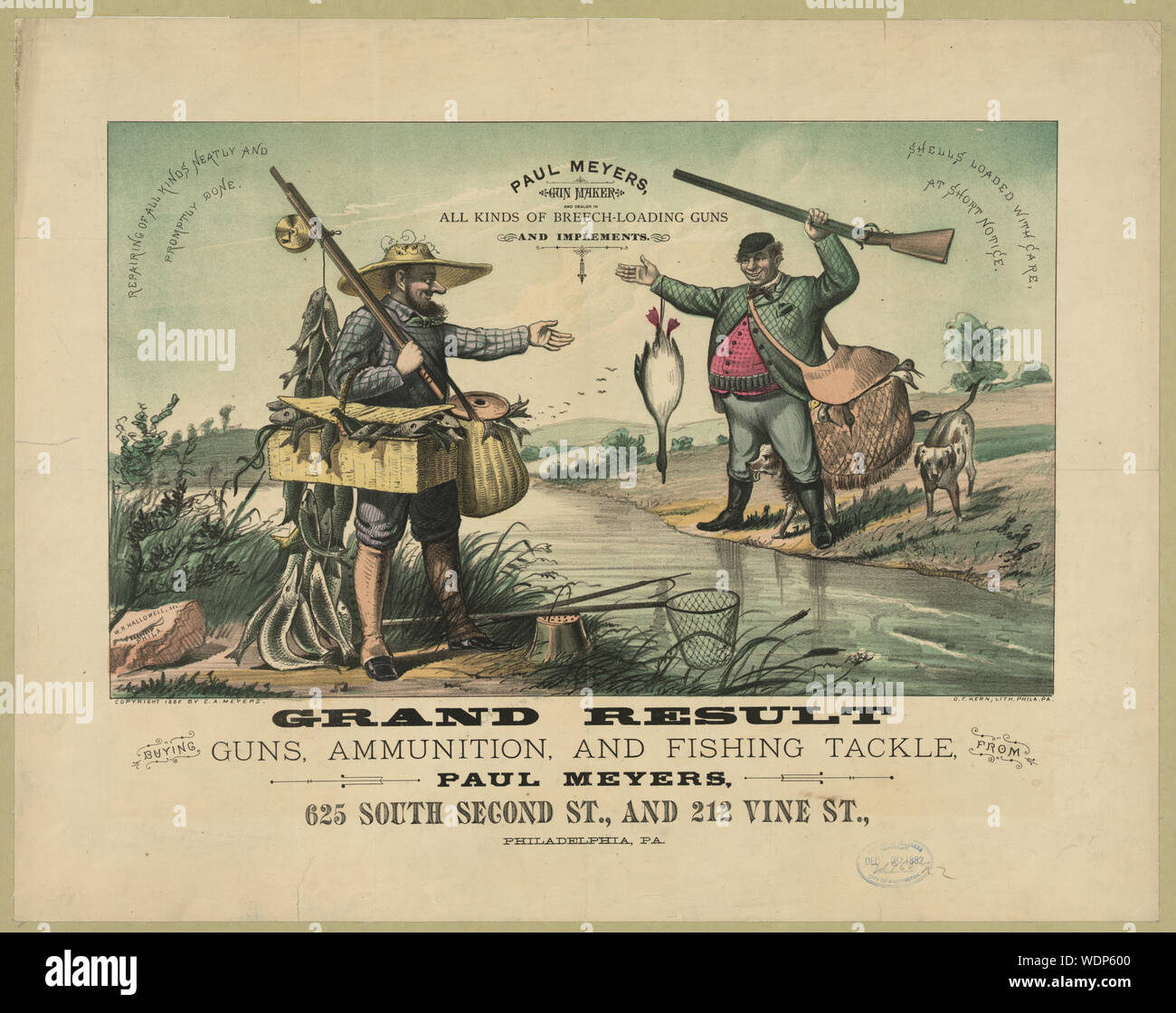 Grand suite l'achat d'armes à feu, de munitions, et les articles de pêche, de Paul Meyers, 625 South Second Street et 212 Vine Street, Philadelphie, Pennsylvanie / / W. R. Hallowell, del., Phila. Abstract/moyenne : 1 gravure : lithographie avec teinte verte la pierre, à la main, 43,4 x 55 cm (feuille) Banque D'Images