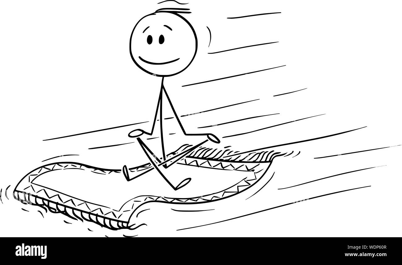 Vector cartoon stick figure dessin illustration conceptuelle de l'homme ou homme assis sur tapis volant. Illustration de Vecteur