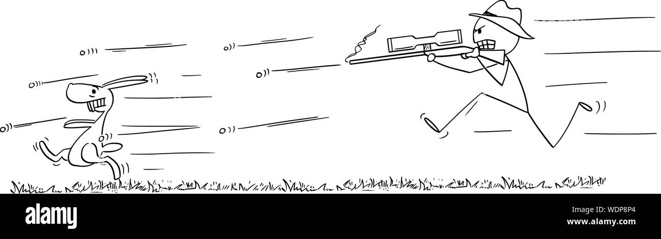 Vector cartoon stick figure dessin illustration conceptuelle de l'homme au fusil ou un chasseur d'exécution ou la chasse et le tir au lapin ou lièvre ou jackrabbit. Illustration de Vecteur