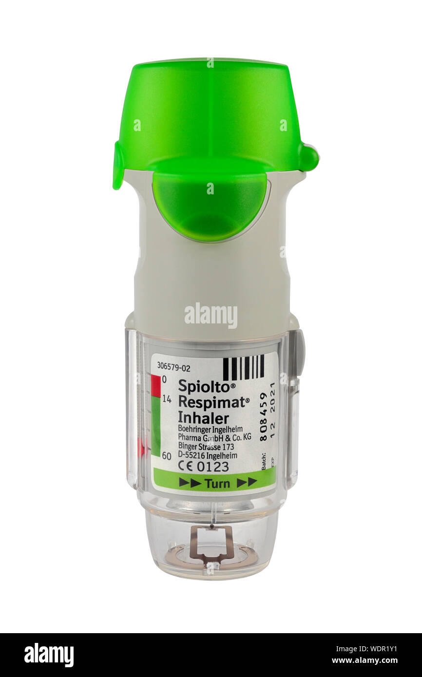 Spiolto Inhalateur Respimat isolé sur un fond blanc. 2,5 microgramme / 2,5 microgramme / inhalation Tiotropium Olodaterol solution par Boehringer Inge Banque D'Images