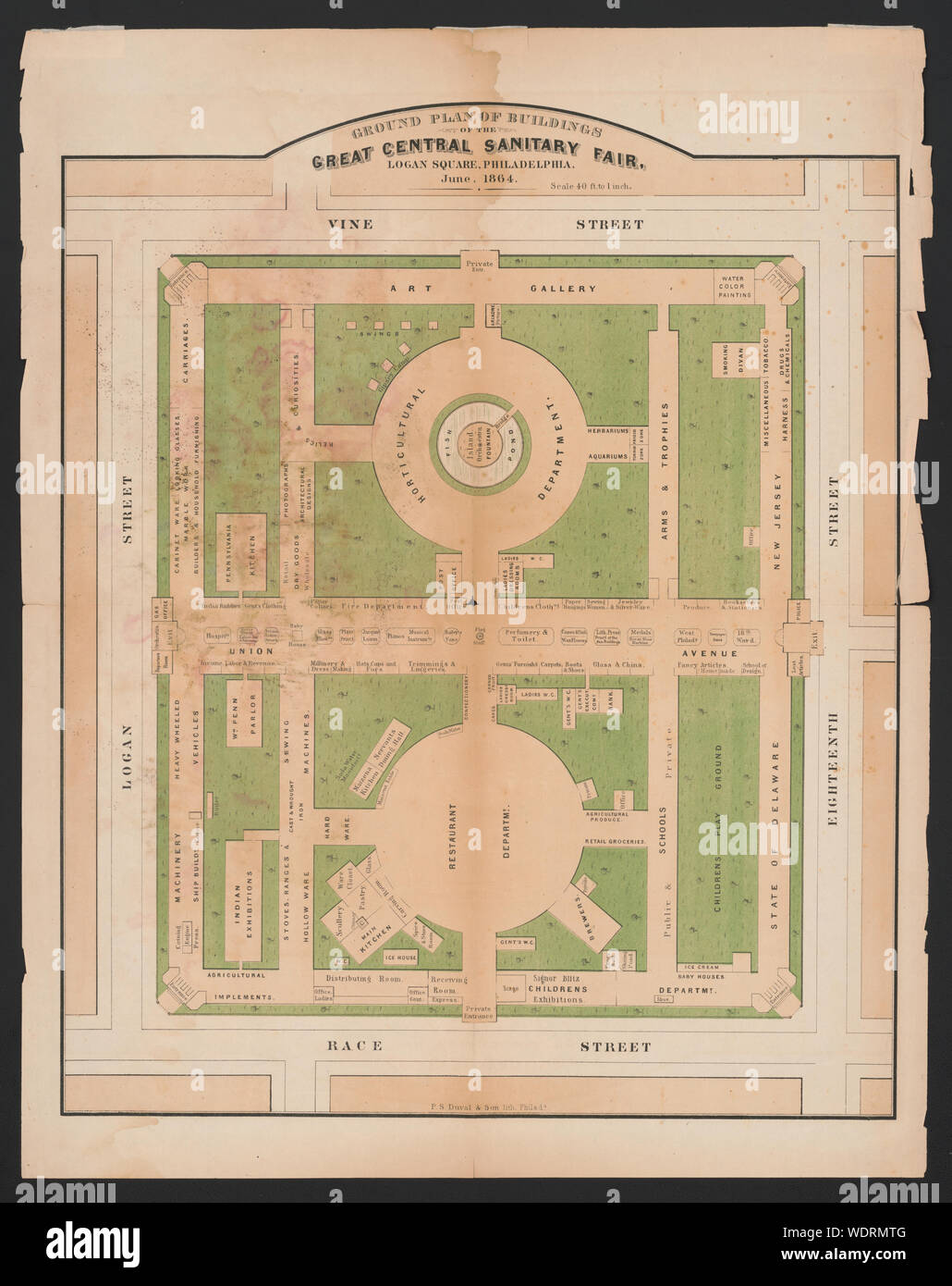 Plan de masse des bâtiments de la grande foire sanitaire centrale, Logan Square, Philadelphie, Juin 1864 Résumé/moyenne : 1 : Impression feuille lithographie coloriée au 60,8 x 48,1 cm. Banque D'Images