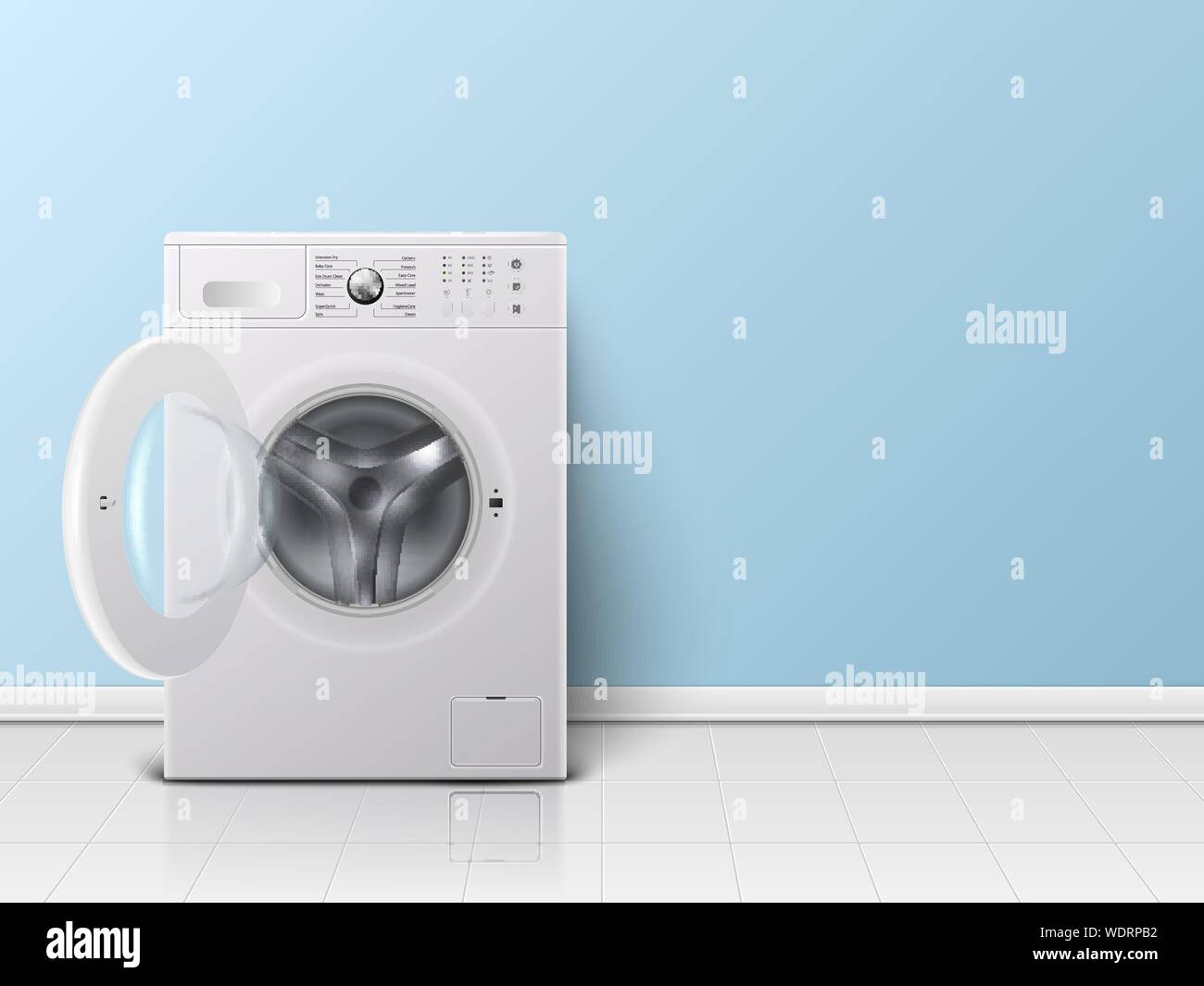 3d Vector moderne ouvert en acier blanc réaliste Lave-linge libre. Modèle de conception de Wacher. Vue avant, Concept Blanchisserie Illustration de Vecteur