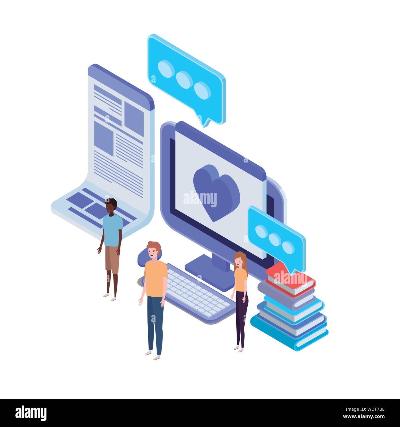 Groupe de personnes avec l'écran de l'ordinateur de bureau et les notifications par email Illustration de Vecteur