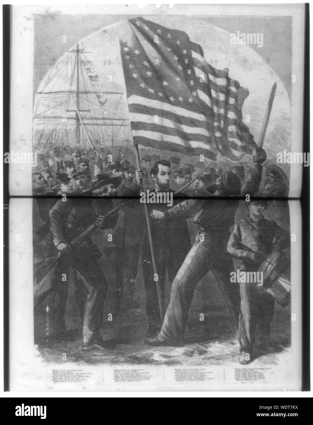 Groupe de soldats de l'Union avec Abraham Lincoln holding drapeau américain en premier plan quatre versets de rallier le drapeau ci-dessous droit Abstract/moyenne : 1 tirage : la gravure sur bois. Banque D'Images