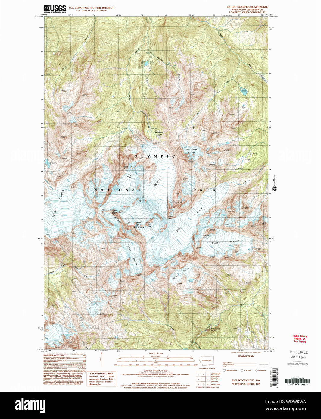 L'État de Washington, de l'USGS Topo Map WA Mont Olympe 2425231999 Restauration 24000 Banque D'Images