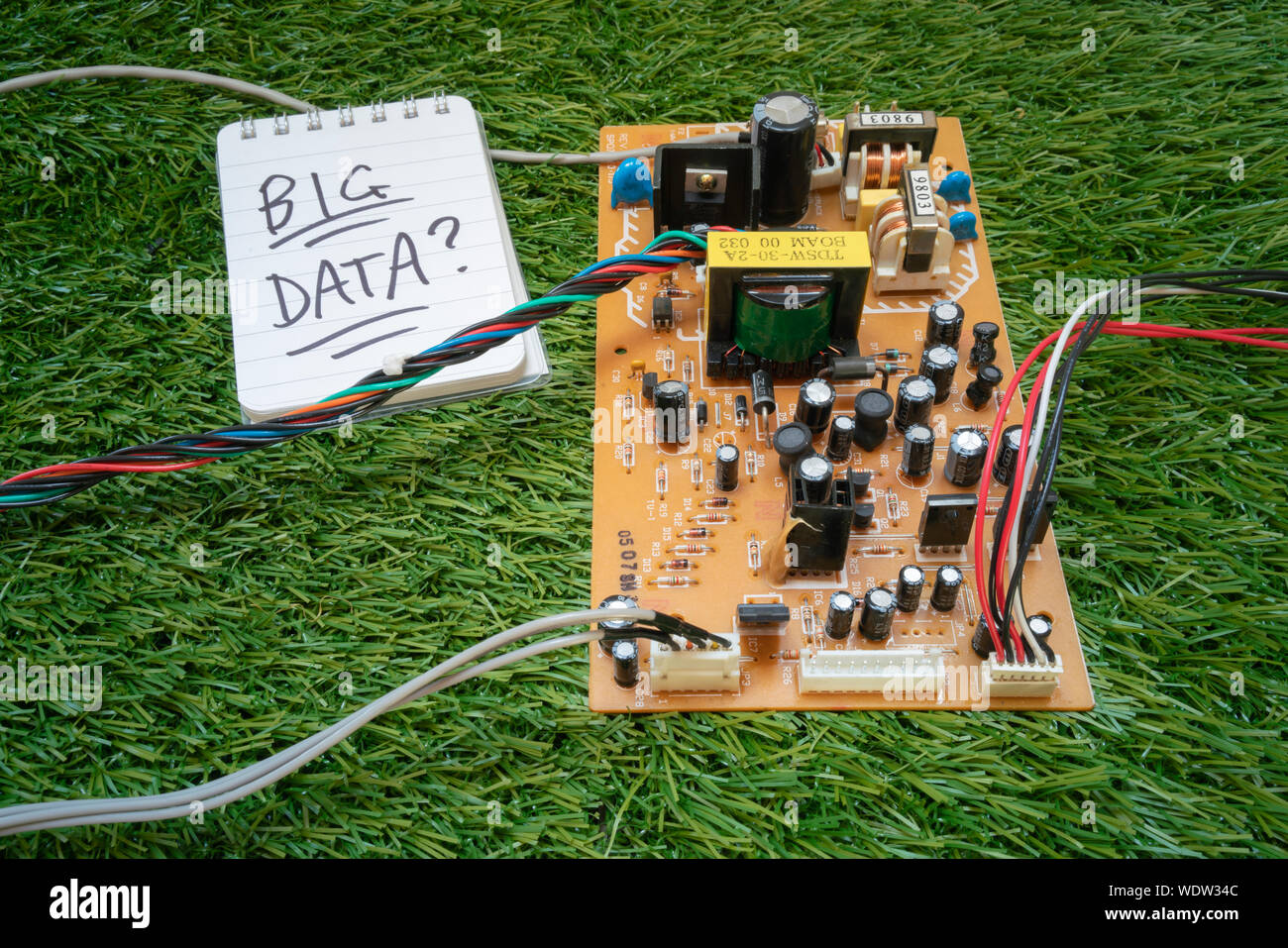 Un circuit électronique et les fils, avec un bloc-notes à lire 'Big Data' sur l'herbe. Les données d'un parc ? Banque D'Images