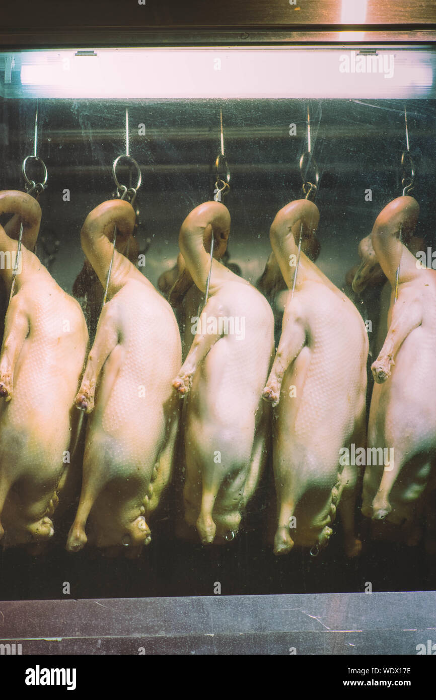Hanging oie rôtie à Hong Kong, un aliment commun en Asie. Banque D'Images