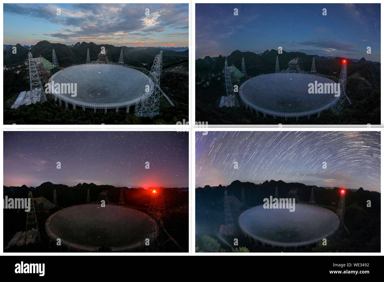 Pingtang. Août 28, 2019. Combo photo prise le 28 août 2019, la Chine montre cinq cent mètre d'ouverture radiotélescope sphérique (RAPIDE) au titre de l'entretien dans le sud-ouest de la province du Guizhou en Chine. La Chine Cinq cent mètre d'ouverture Radiotélescope sphérique (rapide), le plus grand radiotélescope plat unique, a identifié 93 nouveaux pulsars depuis octobre 2017, l'équipe de recherche a annoncé vendredi. Credit : Ou Dongqu/Xinhua/Alamy Live News Banque D'Images