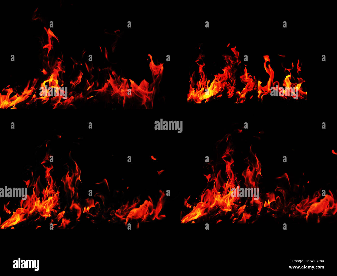 Ensemble de milieux flamme brûlante. Camp sur fond noir Banque D'Images