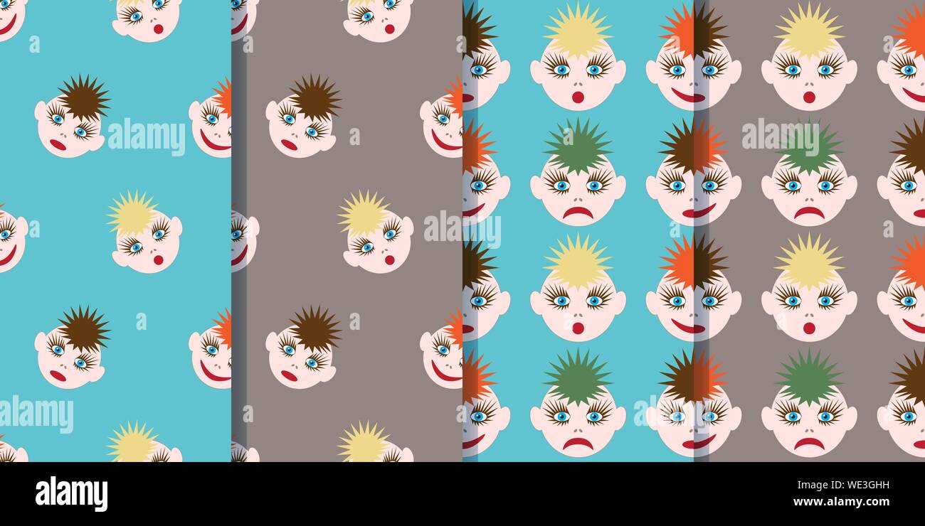 Ensemble de quatre modèles sans couture avec funny smileys dans un style de dessin animé. L'image des cheveux colorés de différentes couleurs et de différentes émotions. Vector EPS10. Illustration de Vecteur