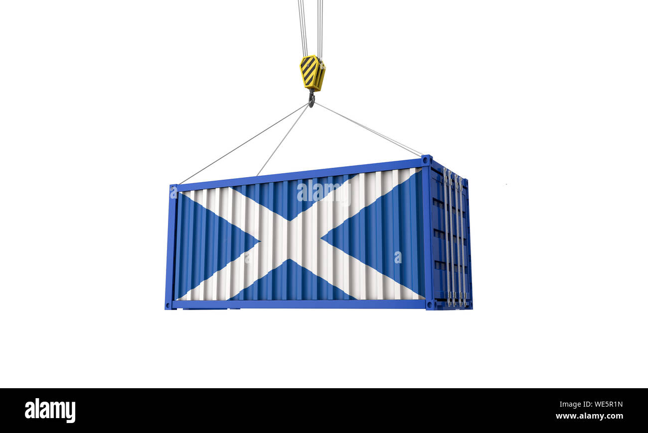 Drapeau Ecosse commerce cargo container pendu à une grue. 3D Render Banque D'Images