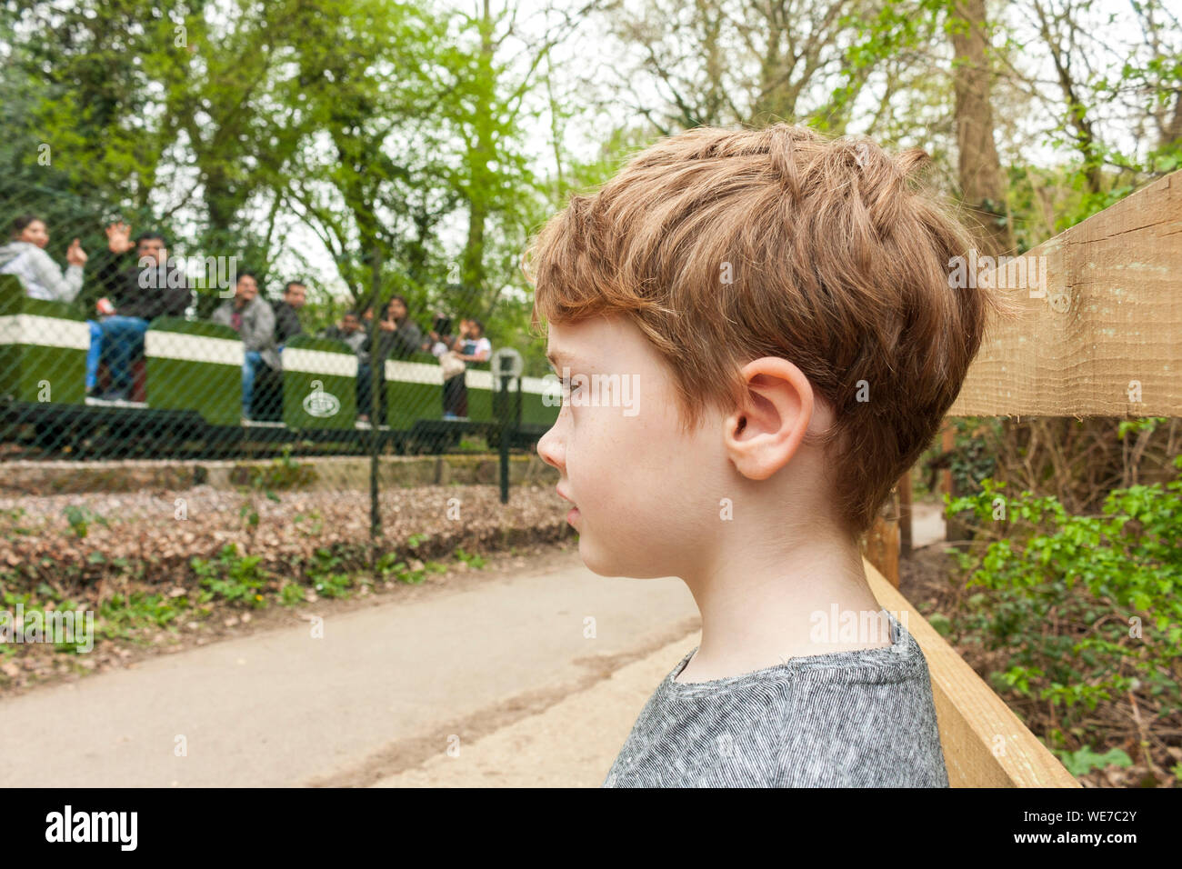 Un jeune garçon regarde le mini-ferroviaire va passé à Ruislip Lido, Grand Londres Banque D'Images