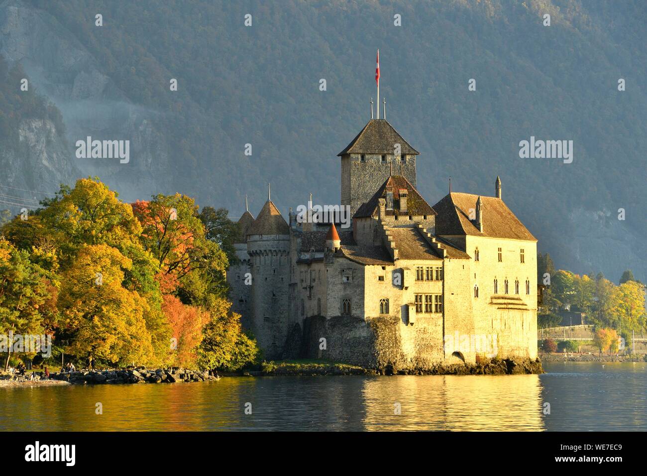 Suisse, Canton de Vaud, le lac de Genève, Veytaux, le château de Chillon à Montreux du Sud Banque D'Images