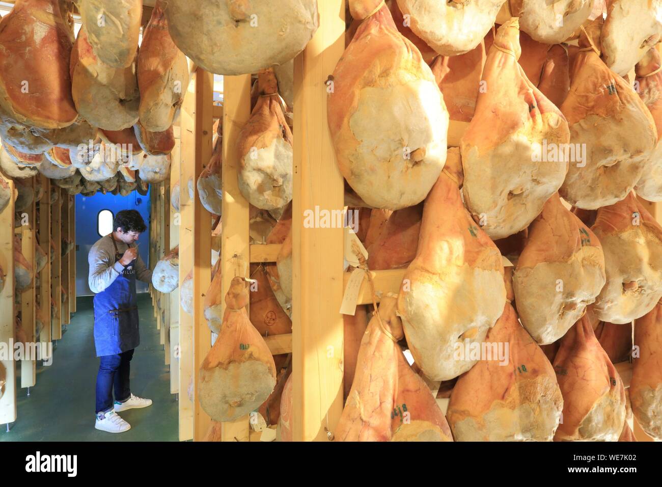 La France, Tarn, Murat sur Vebre, charcuterie Millas, Maître Affineur dans son pays jambons secs cheveux Banque D'Images