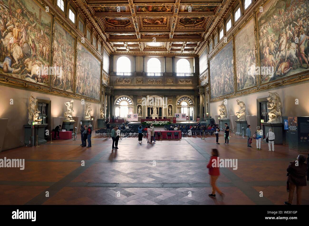 Italie, Toscane, Florence, classé au Patrimoine Mondial de l'UNESCO, le Palazzo Vecchio, le Salone dei Cinquecento (Hall des cinq cents) Banque D'Images