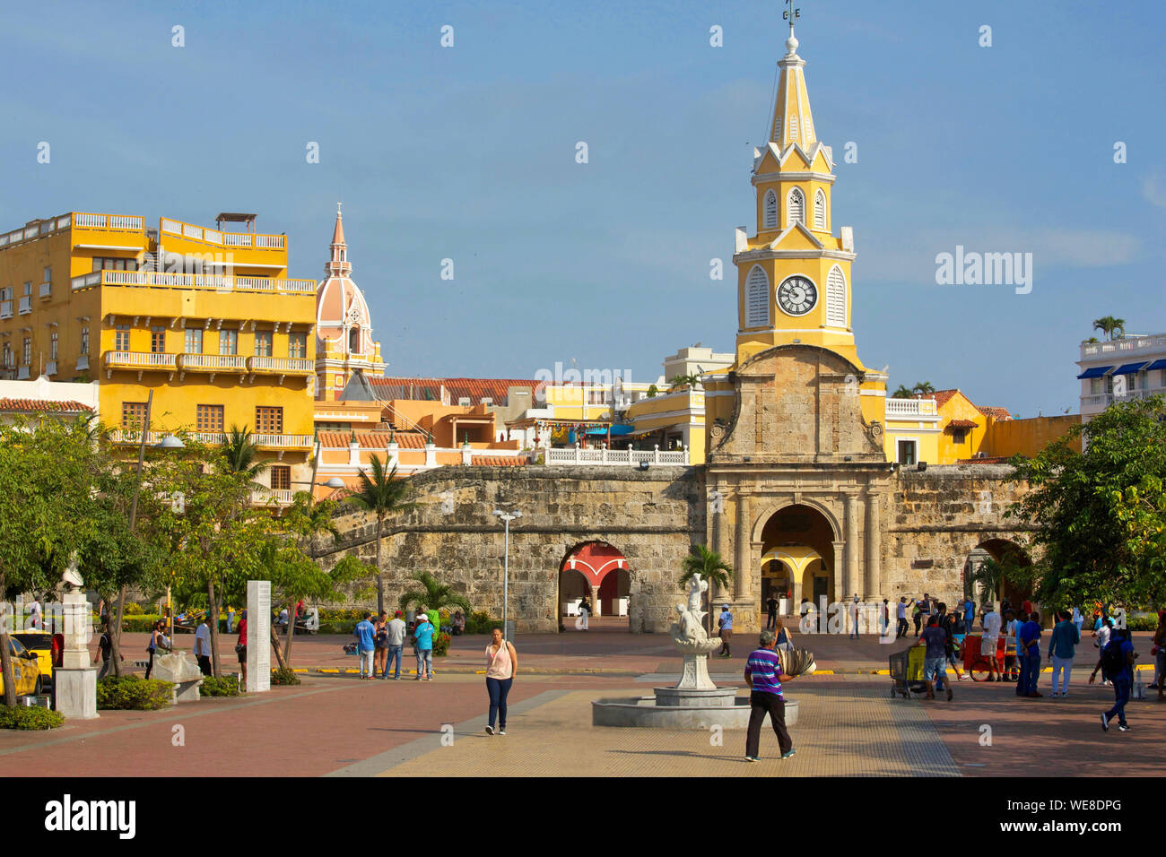 La Colombie, Département de Bolivar, Carthagène, inscrite au patrimoine mondial de l'UNESCO, Puerta del Reloj et sa tour de l'horloge, porte d'entrée de la vieille ville coloniale Banque D'Images
