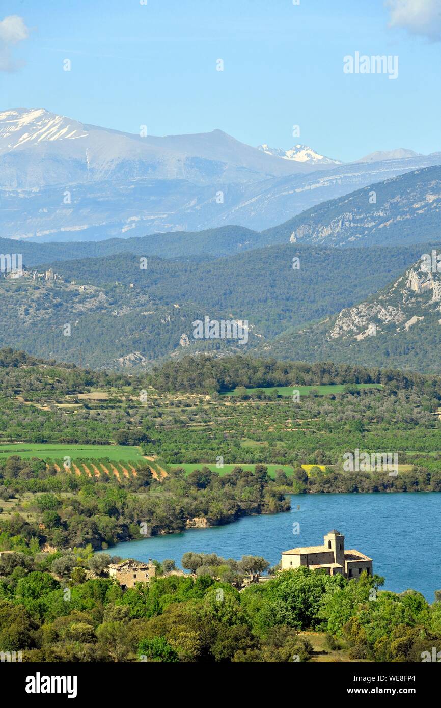 L'Espagne, l'Aragon, Huesca Province Mipanas village et l'eau turquoise de la réserve d'El Grado Banque D'Images