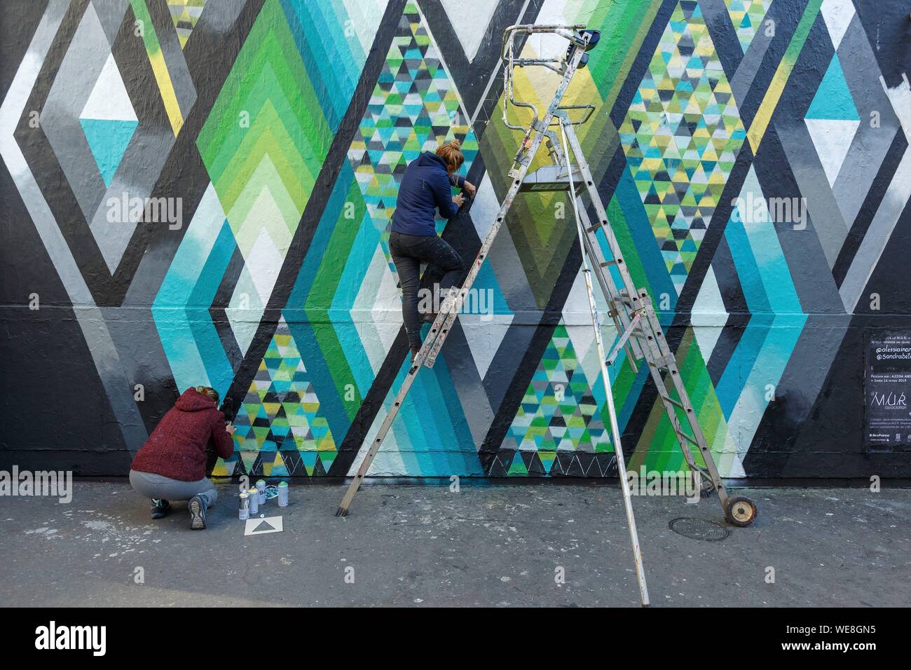 France, Paris, street art, peinture murale n Rue Oberkampf Place Verte par Alessia et Betan Innocenti grâce à un projet développé par LE MUR (modulable, Urbain, Reactif) Banque D'Images