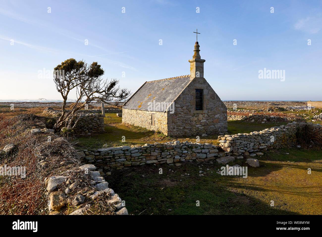 France, Manche, mer d'Iroise, Iles du ponant, Parc Naturel Régional d'Armorique (Parc Naturel Régional d'Armorique), Ile de Sein, étiqueté Les plus beaux de France (le plus beau village de France), la Chapelle Saint Corentin Banque D'Images