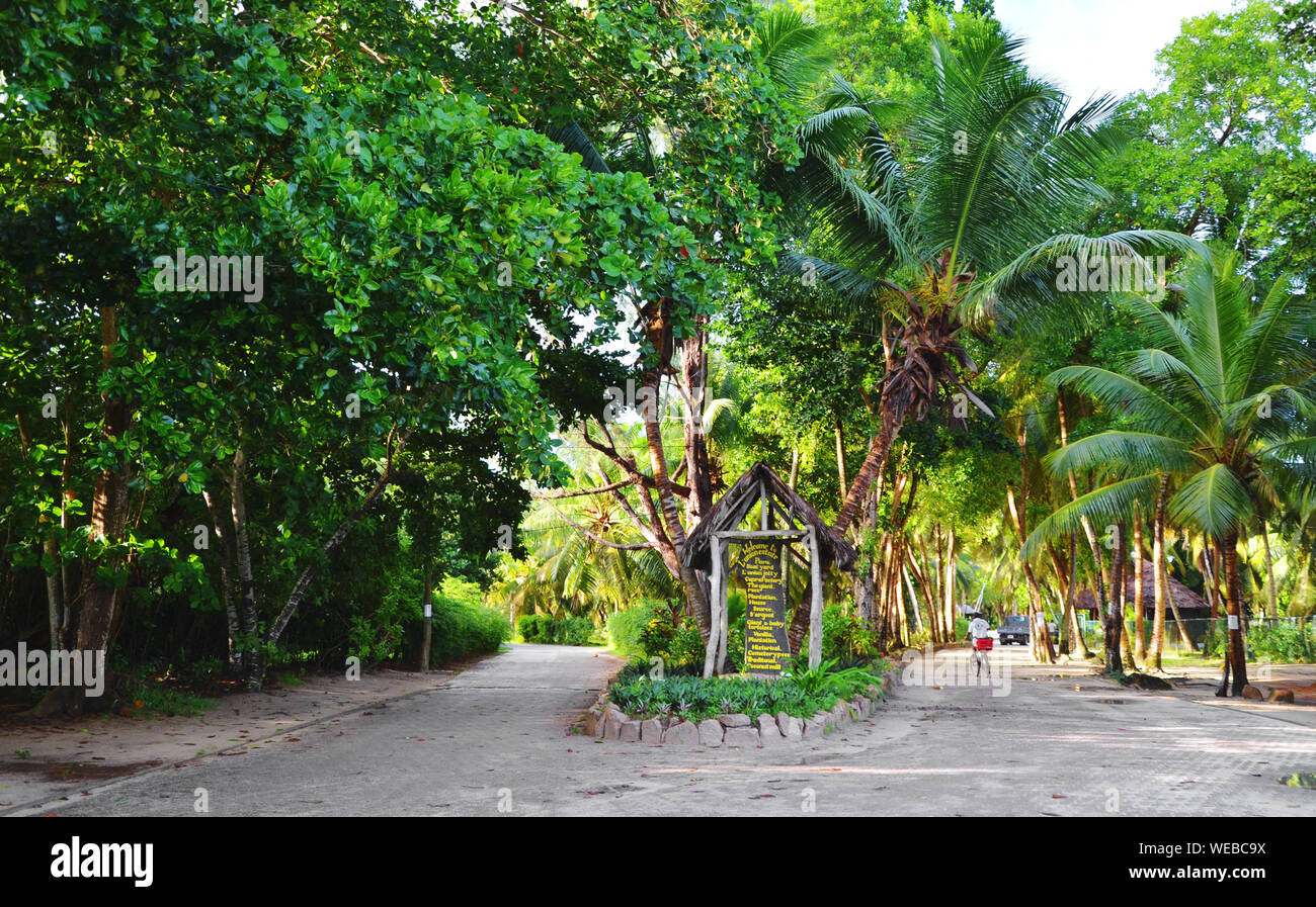 La Digue, Seychelles : entrée au parc immobilier de l'Union avec des cocotiers, plantation de vanille et la végétation luxuriante Banque D'Images