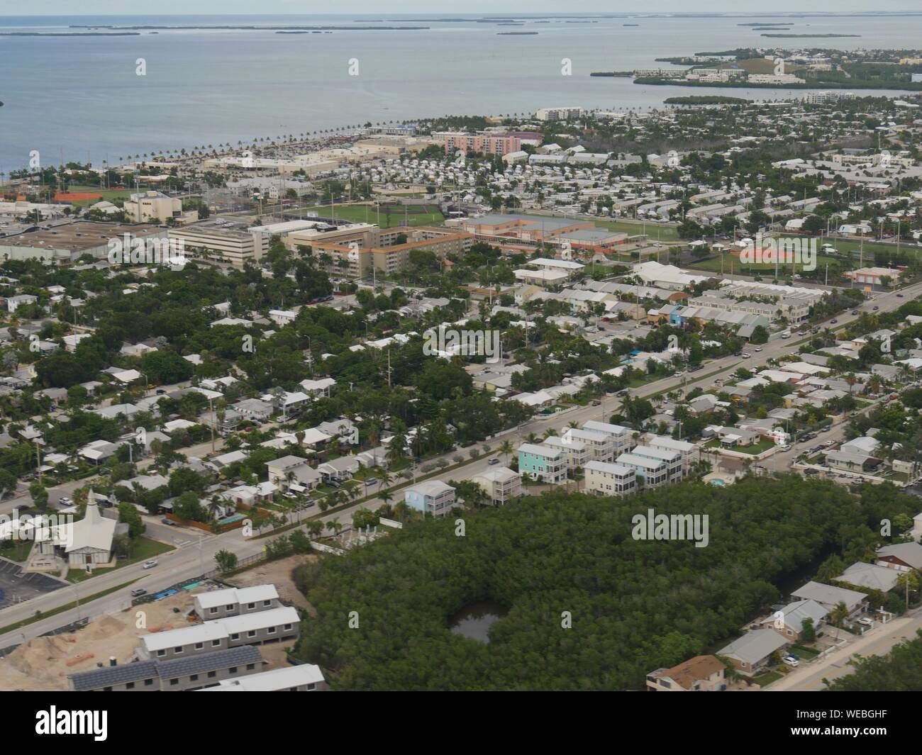 Plan rapproché, vue aérienne de Key West en Floride, vu de la fenêtre d'un avion Banque D'Images