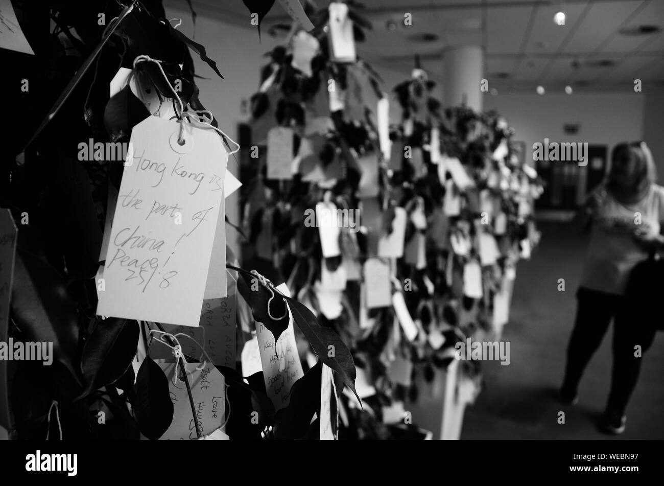 La paix à Hong Kong Chine - message écrit sur le souhait des arbres à Double Fantasy - John & Yoko exposition au Musée de Liverpool, Quayside, UK. Banque D'Images