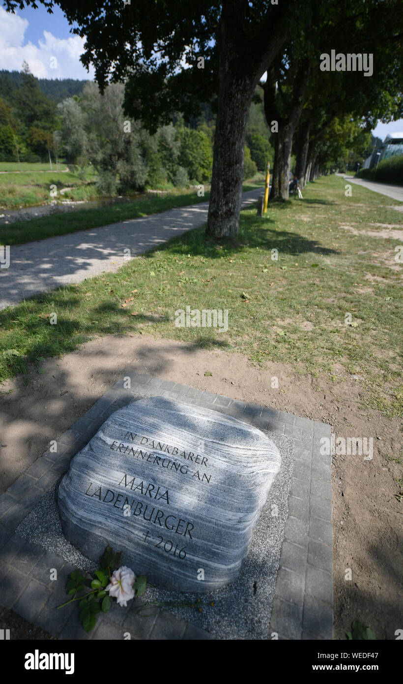 30 août 2019, Bade-Wurtemberg, Fribourg : une rose se situe en face d'une pierre avec l'inscription 'En souvenir reconnaissant de Maria Ladenburger, est mort en 2016" entre deux chemins à côté de la rivière Dreisam. Le cercle des amis et le pasteur de l'Université de Fribourg avait suggéré la pierre commémorative à l'assassiné 2016 Maria étudiant. Il a été réalisé avec le soutien de la ville de Fribourg. Les parents de l'étudiant tué a fondé l'Maria Ladenburger Foundation' au printemps 2018. La Fondation appuie les étudiants de l'Université de Fribourg dans les situations difficiles. Photo : Patrick Seeger/ Banque D'Images