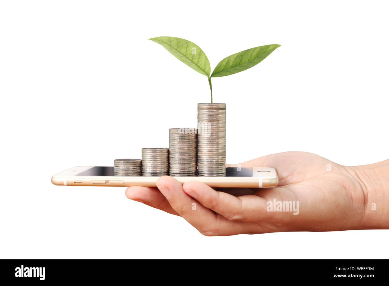 Pièces de monnaie sur le smartphone, entreprise au concept d'Ecommerce Banque D'Images